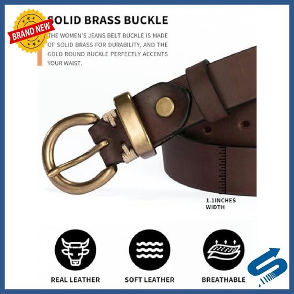 Genuine Leather Belt with Solid Brass Buckle, 1.1 Inch Wide